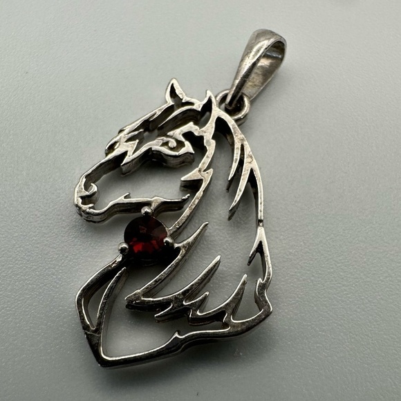 Sterling Silver Horse Pendant Necklace | 925 Italy Chain with Garnet Gemstone - Picture 8 of 16